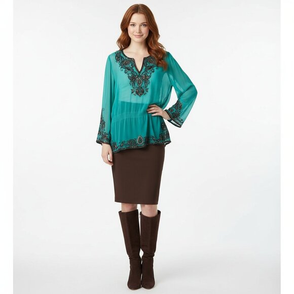 Cache 100% Silk Blue & Brown Sheer Embellished Embroidered Peasant Top S - Picture 10 of 10